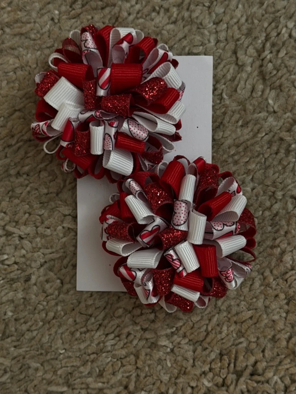 Red & White Ribbon Hair Bows Pair